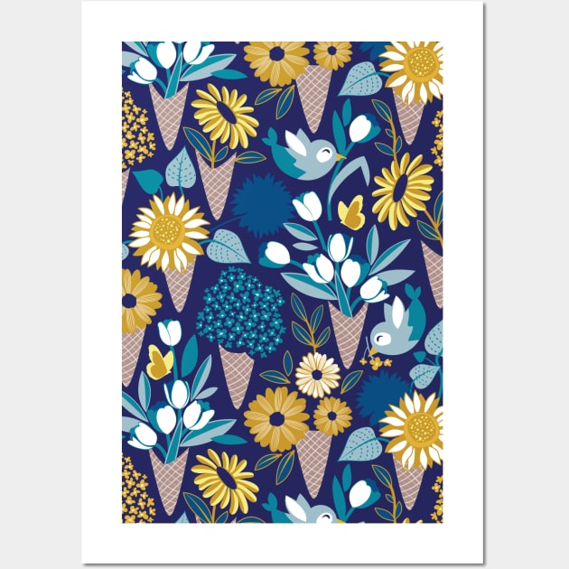 Midsummer I scream flower cones // pattern // navy blue background blue teal and yellow flowers bouquets Wall Art by SelmaCardoso